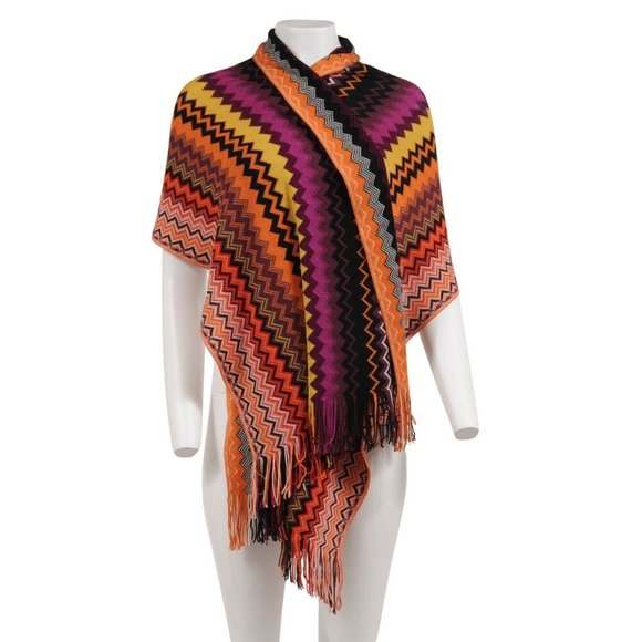 Missoni Womens Fringe Scarf Orange Purple Yellow Geometric Zigzag Wool Acrylic